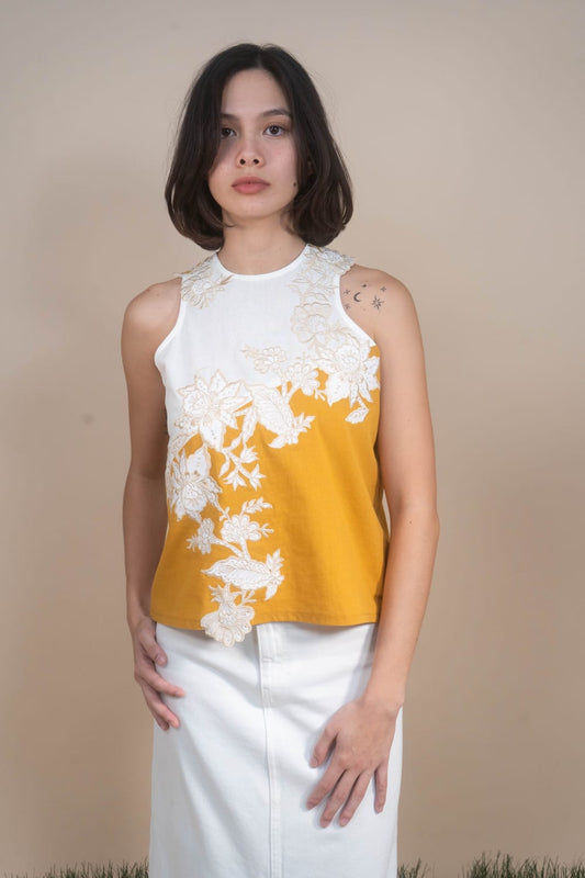 NOORIE Embroidered Halter Top MUSTARD