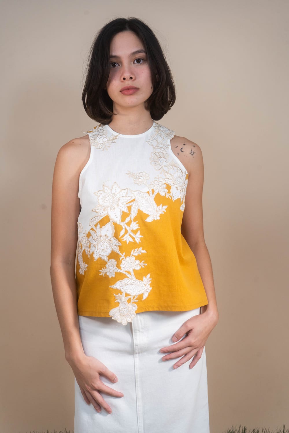 NOORIE Embroidered Halter Top MUSTARD