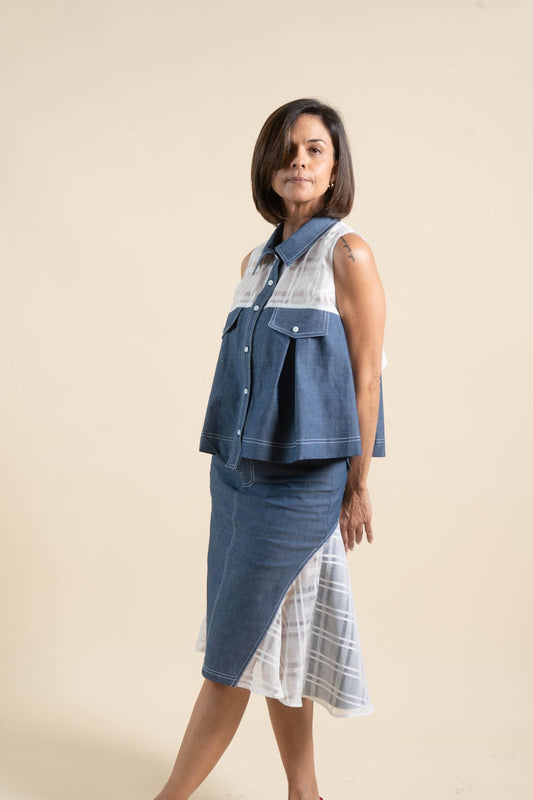 NORI Organdy Jacquard x Denim Skirt WHITE