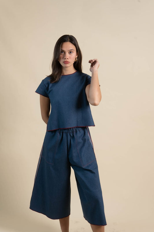 LEO Short Sleeve Top DENIM / MAROON MERROW