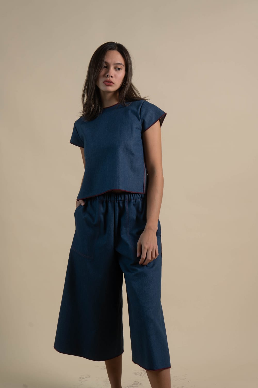 LEO Short Sleeve Top DENIM / MAROON MERROW