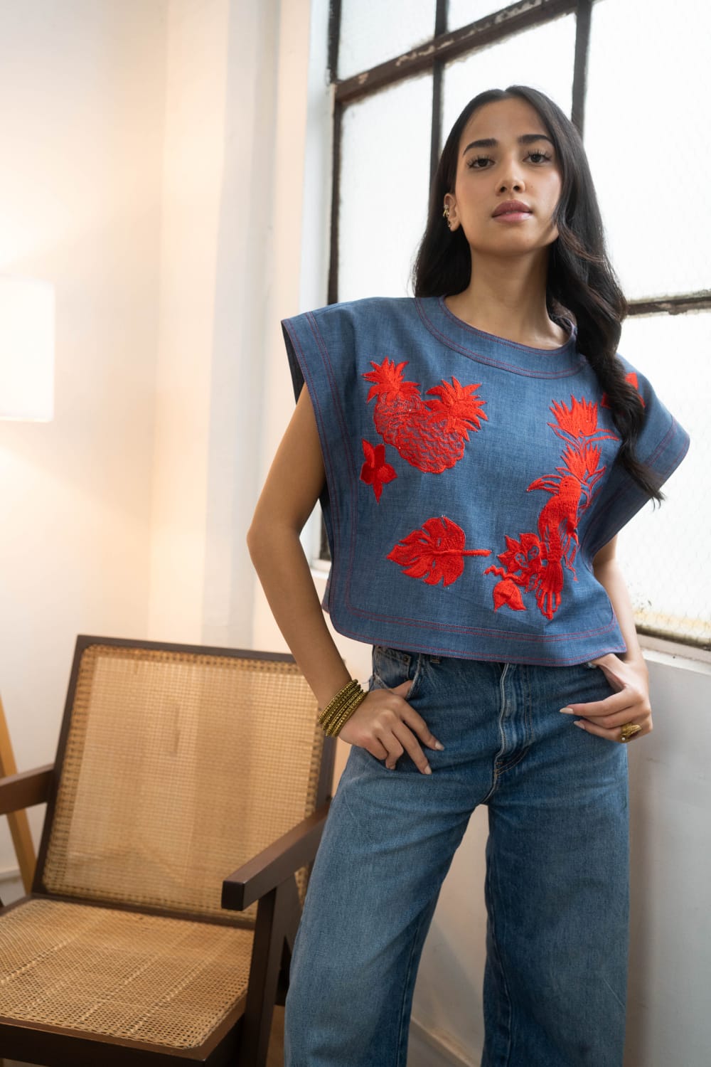 CELESTE Kimona Top DENIM / RED