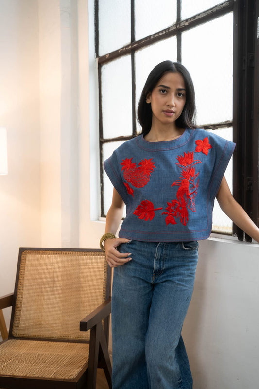 CELESTE Kimona Top DENIM / RED