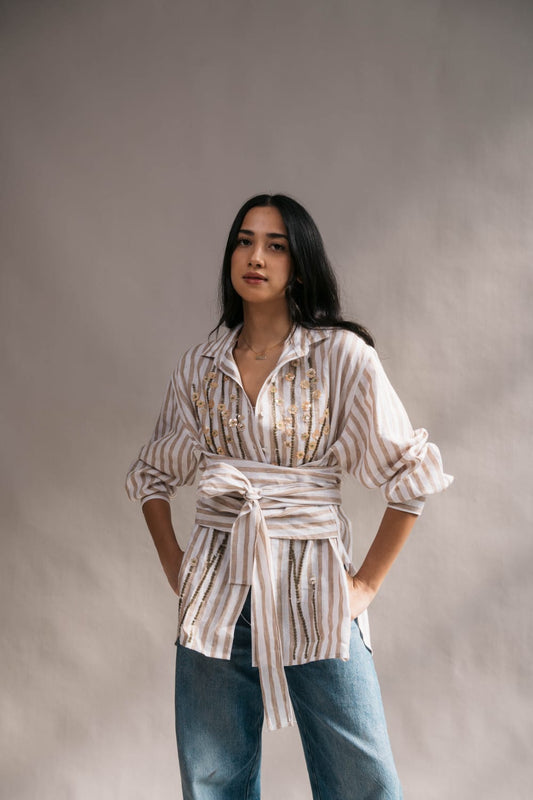 THEA Beaded Polo BEIGE STRIPE