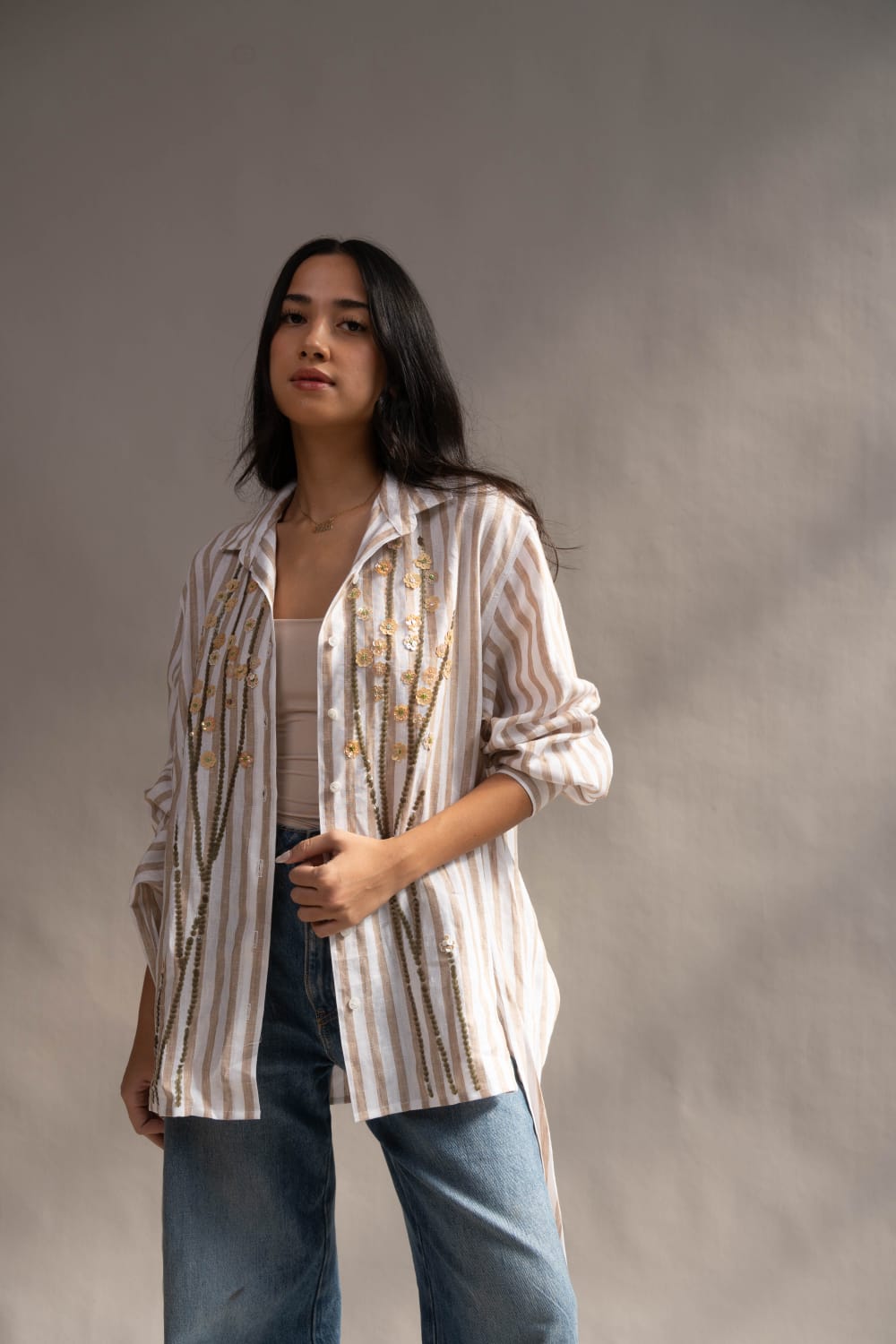 THEA Beaded Polo BEIGE STRIPE