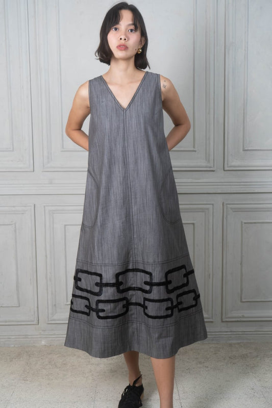 IVES Chain Embroidery Dress GREY DENIM