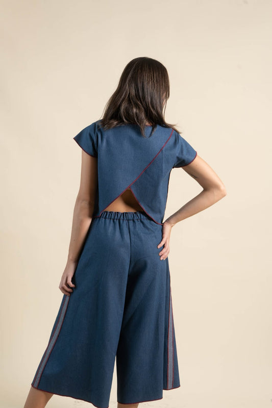 LEO Short Sleeve Top DENIM / MAROON MERROW