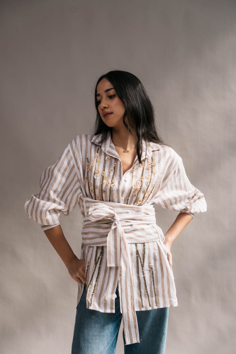 THEA Beaded Polo BEIGE STRIPE