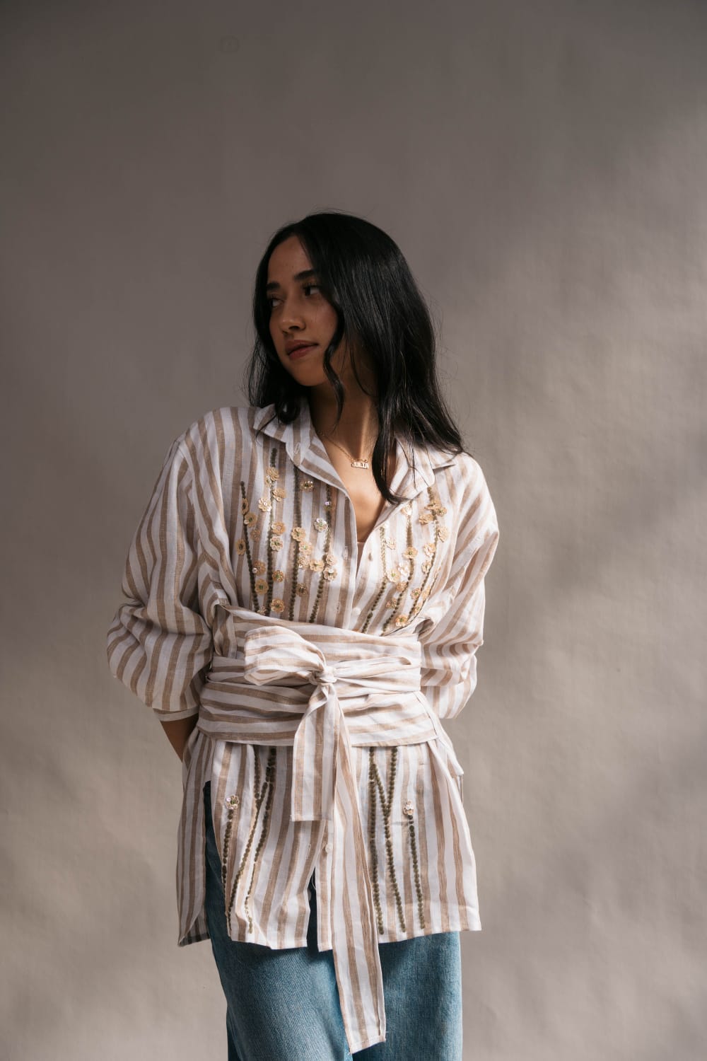 THEA Beaded Polo BEIGE STRIPE